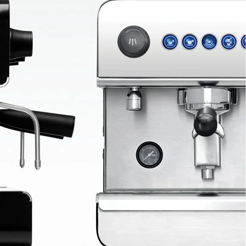 Two espresso machines, one black and one silver with blue buttons, on a white background.