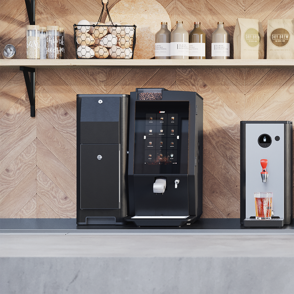 Bravilor Esprecious 22 Bean-to-Cup Coffee Machine – modern design with user-friendly touchscreen, dual canisters for coffee beans and instant ingredients, automatic rinsing program, and capacity for up to 220 cups per day. Perfect for large-scale environments.
