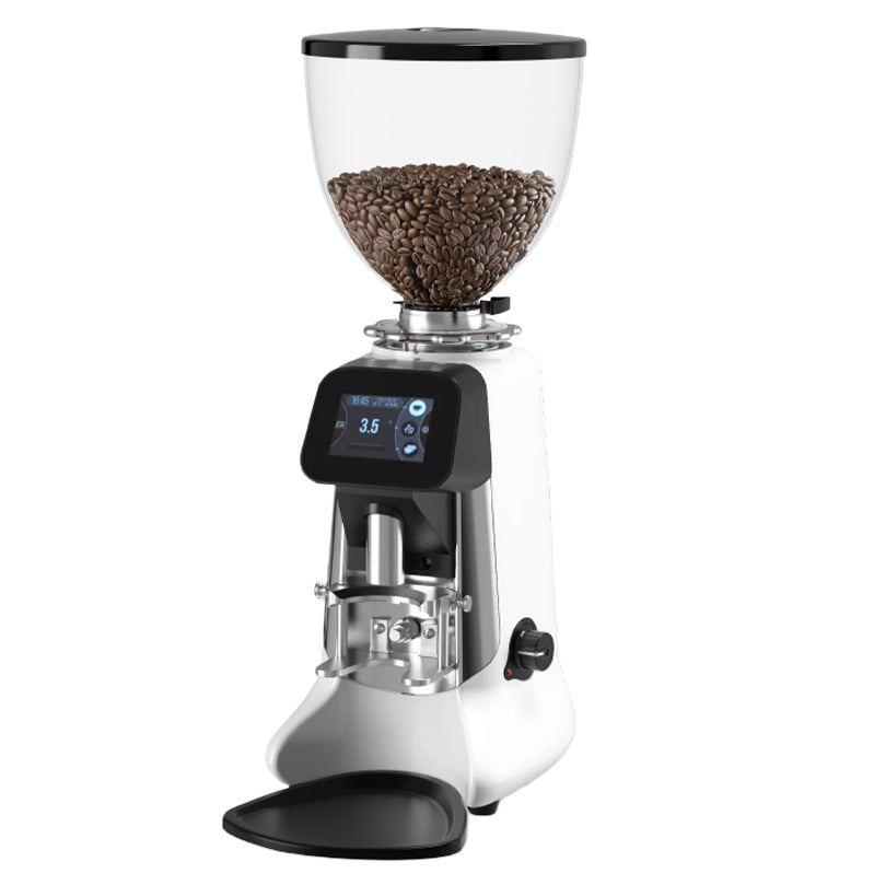 Coffee grinder with a clear container of coffee beans on a white background