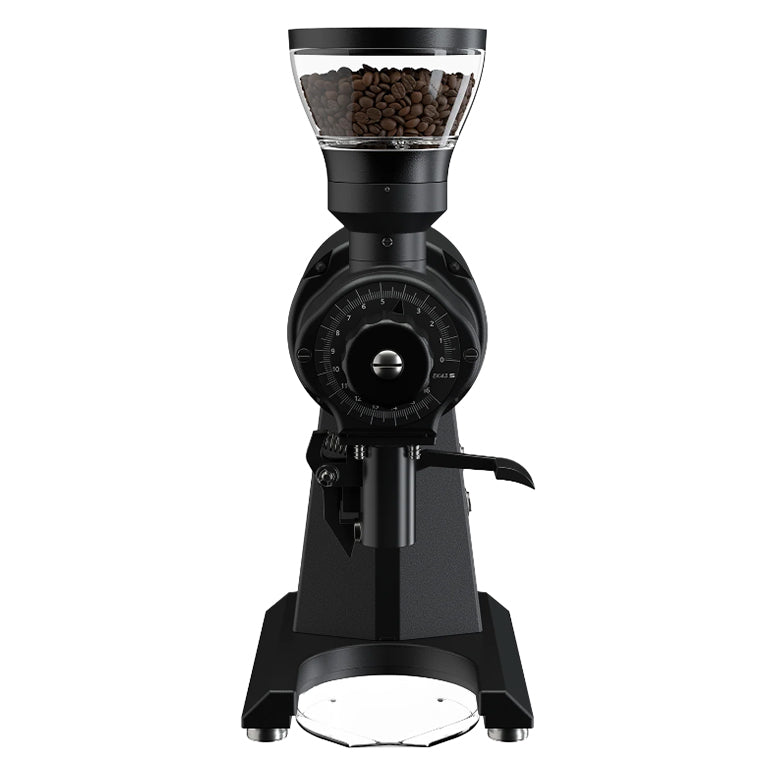 Black coffee grinder with a clear container of coffee beans on a white background