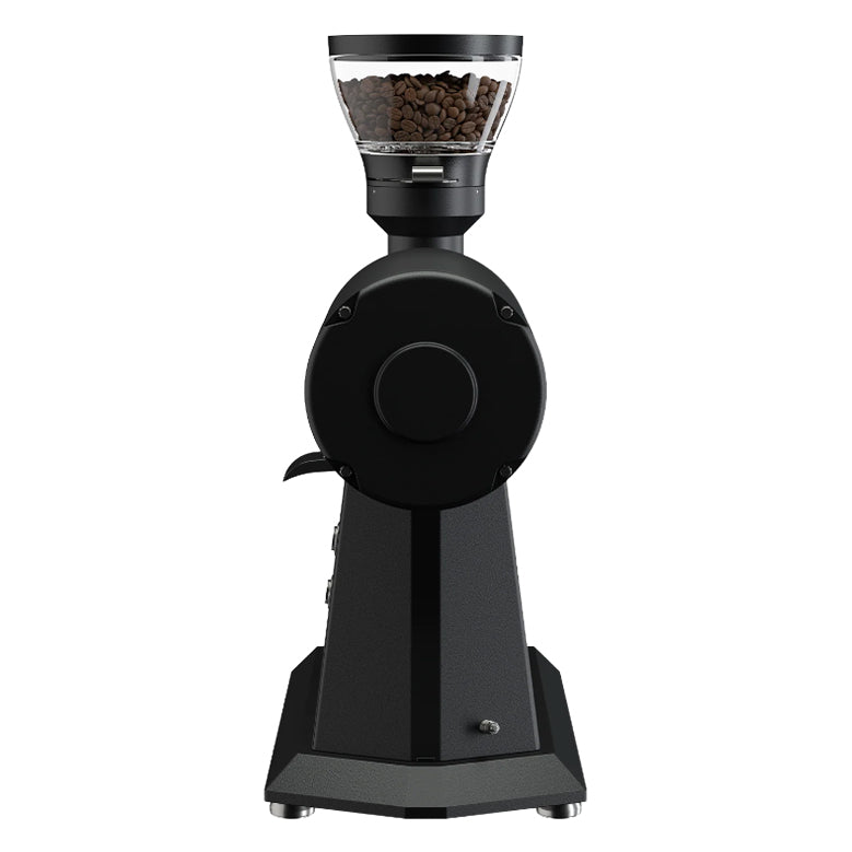 Black coffee grinder with coffee beans on a white background