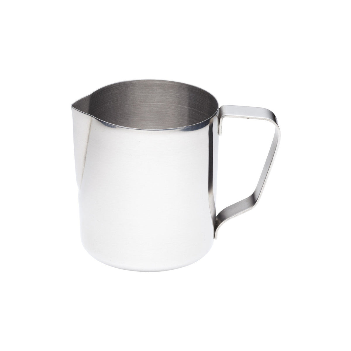 Stainless steel pitcher on a white background for baristas