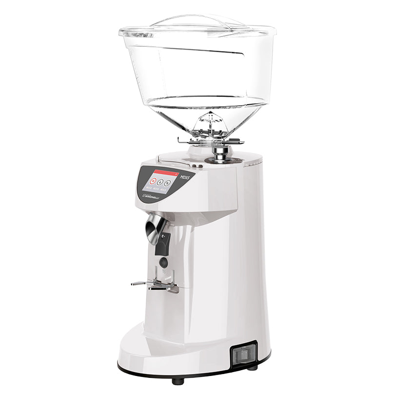 White coffee grinder with clear container on a white background