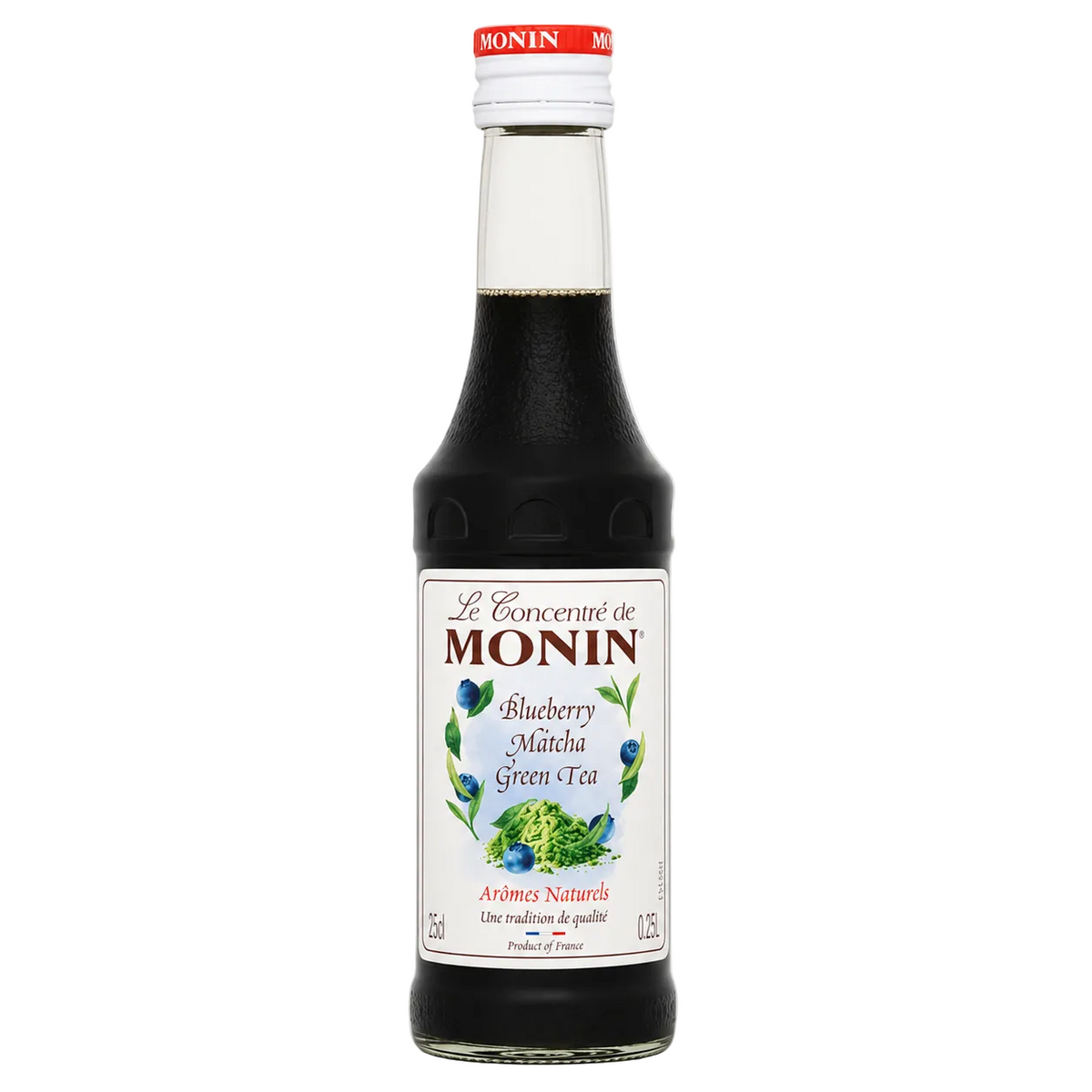 Bottle of Monin Blueberry Matcha Green Tea syrup on a white background