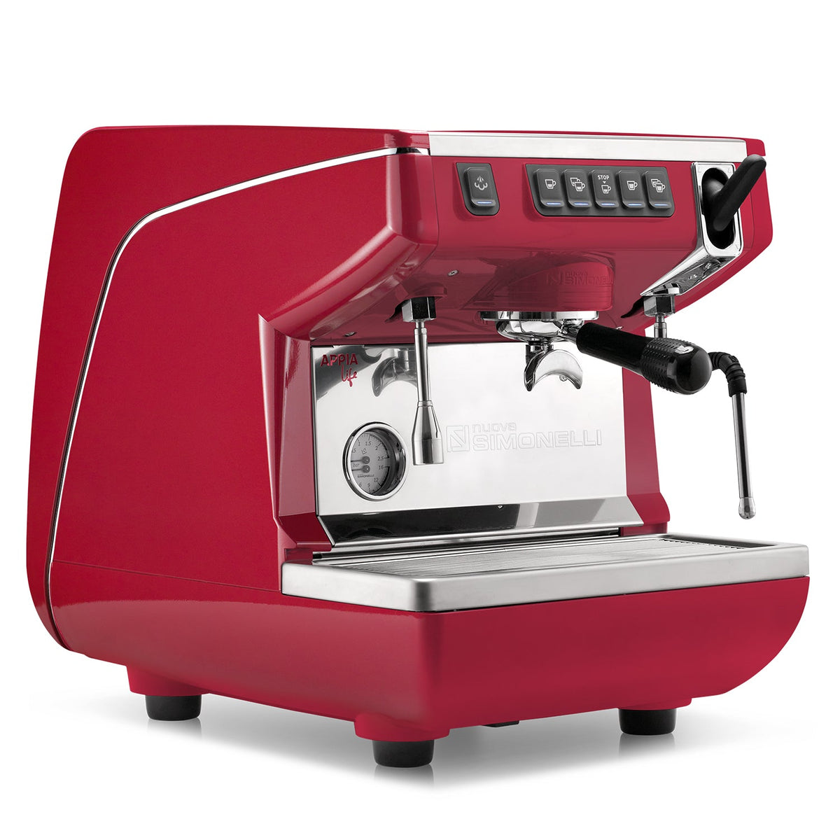 Red espresso machine with a white background