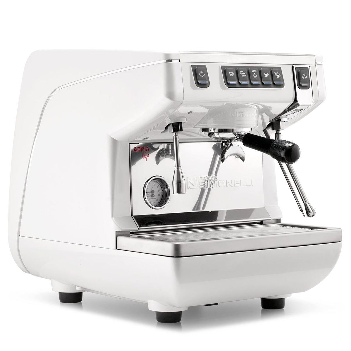 White espresso machine with chrome accents on a white background