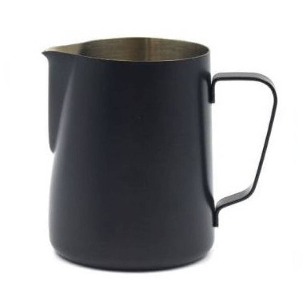 A black Rhino Classic Milk Pitcher made of stainless steel with an ergonomic handle.