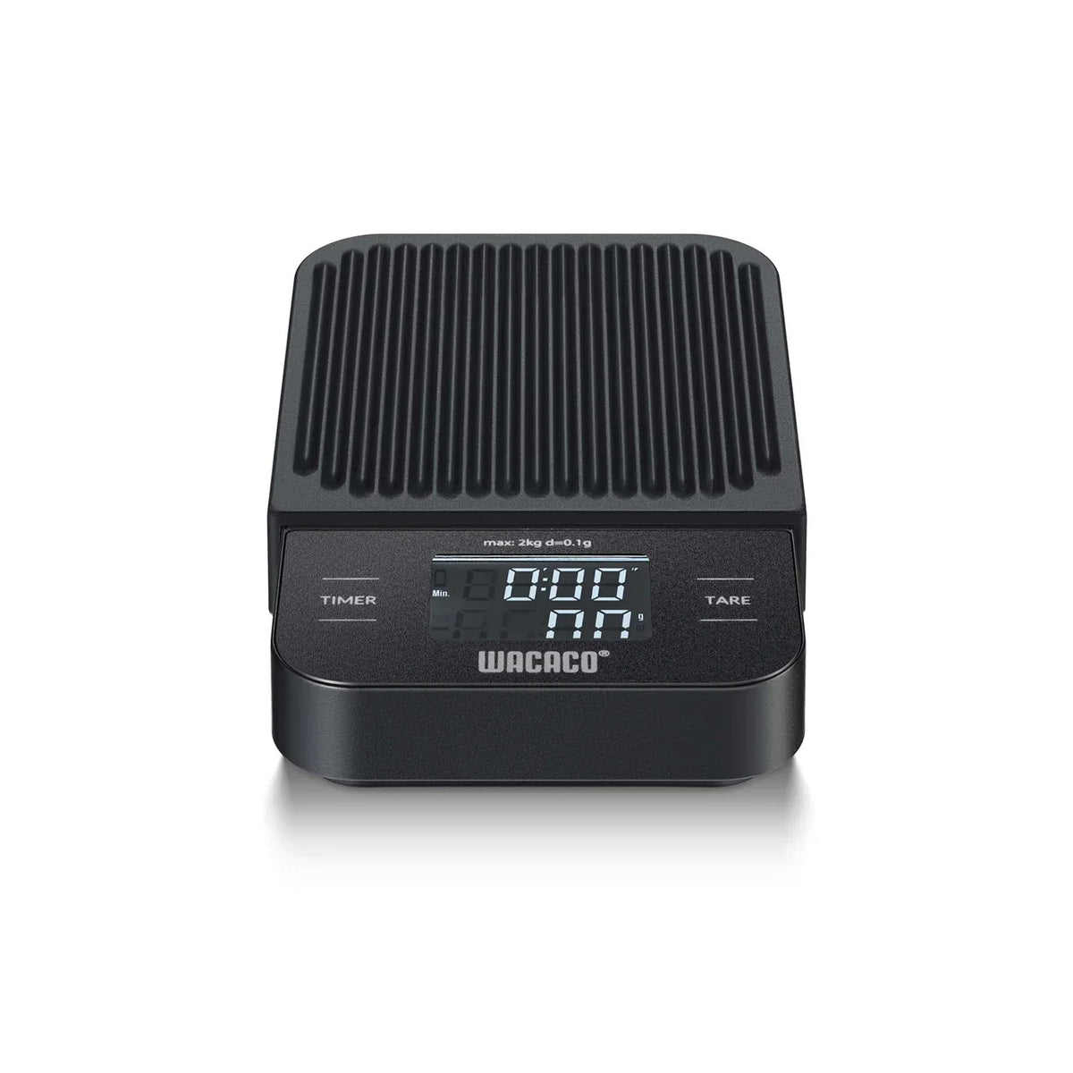 Black Wacaco coffee scale with digital display on a white background
