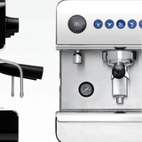 Two espresso machines, one black and one silver with blue buttons, on a white background.