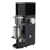 Black coffee grinder with a silver container on a white background