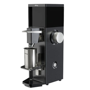 Black coffee grinder with a silver container on a white background