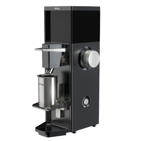 Black coffee grinder with a silver container on a white background