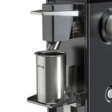 Coffee machine with a silver container attached on a white background
