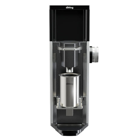 Black and silver coffee machine on a white background