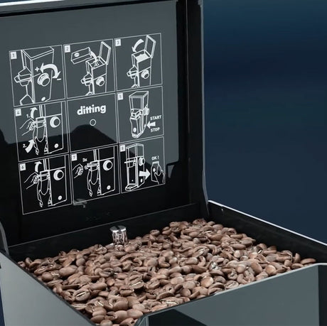 Arcade machine filled with coffee beans and a digital display showing step-by-step instructions.