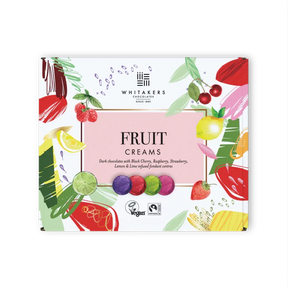 Whitaker's Fruit Creams chocolate box with colorful fruit illustrations on a white background