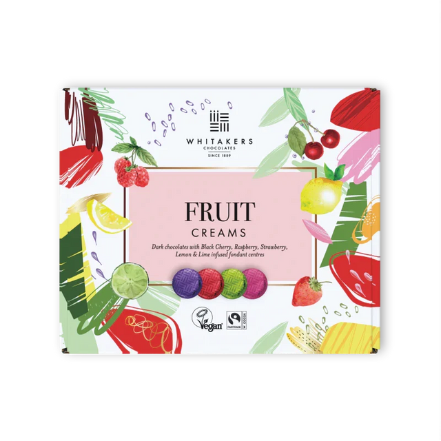 Whitaker's Fruit Creams chocolate box with colorful fruit illustrations on a white background