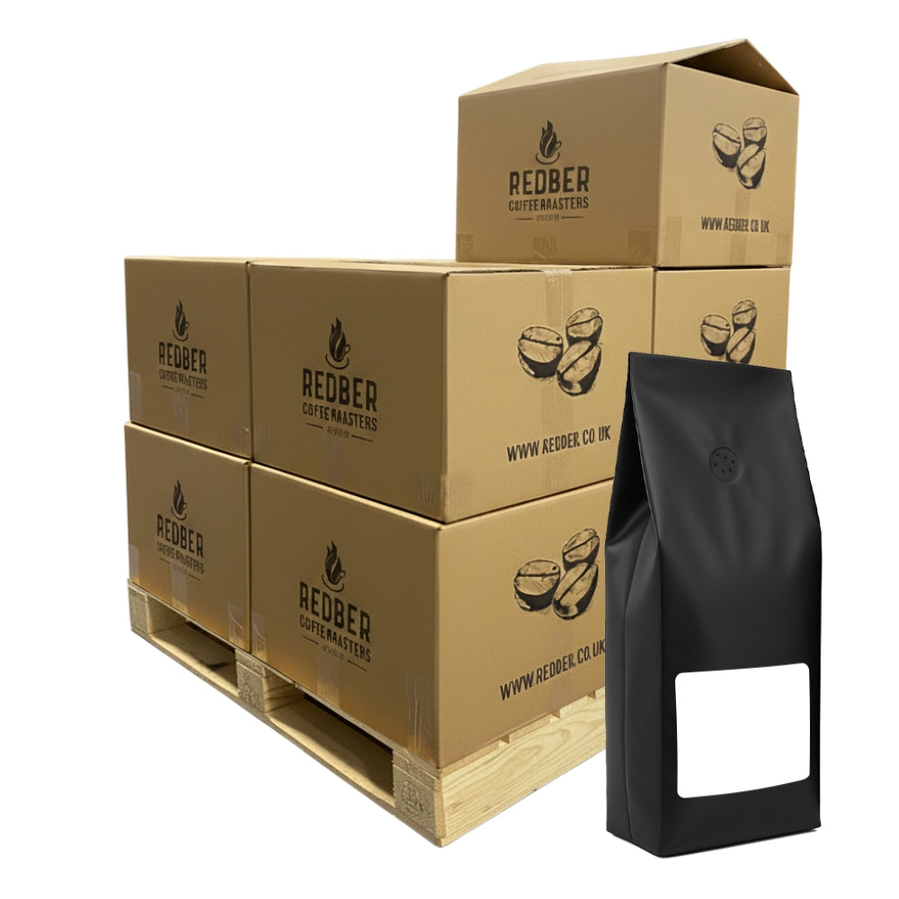 Stack of cardboard boxes with Redber Coffee Masters branding and a black coffee bag on a white background.