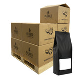 Stack of cardboard boxes with Redber Coffee Masters branding and a black coffee bag on a white background.