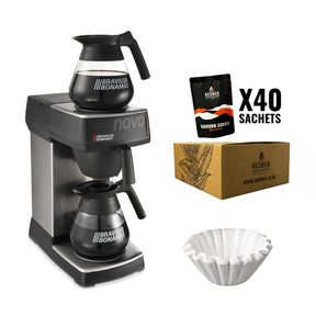 Coffee machine with Bravilor Bonamat branding, coffee bags, and filter on a white background