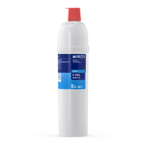 White water filter cartridge with red top and blue label on a white background