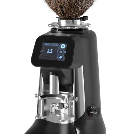 Coffee grinder with digital display and coffee beans on a white background