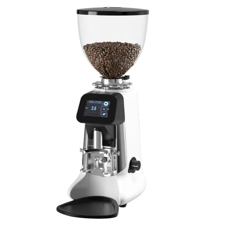 Coffee grinder with a clear container of coffee beans on a white background