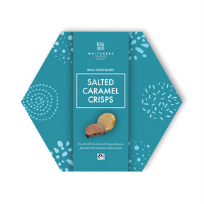 A hexagonal package of Whitakers Milk Chocolate Salted Caramel Crisps showing the product and brand name.
