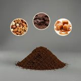 Heap of ground coffee with three circular insets showing nuts, chocolate, and caramel.