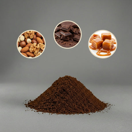 Heap of ground coffee with three circular insets showing nuts, chocolate, and caramel.