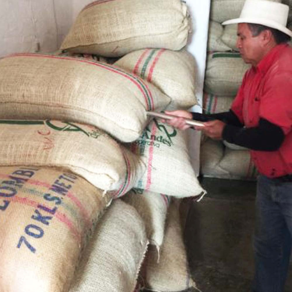 Person using a tablet among stacked coffee bags with visible branding.