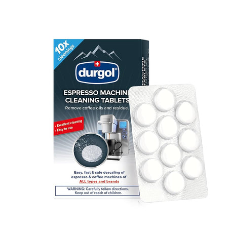 Durgol espresso machine cleaning tablets packaging with tablets on a white background