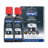Two bottles of Durgol Swiss Espresso decalcifier with their packaging on a white background.