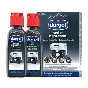 Two bottles of Durgol Swiss Espresso decalcifier with their packaging on a white background.