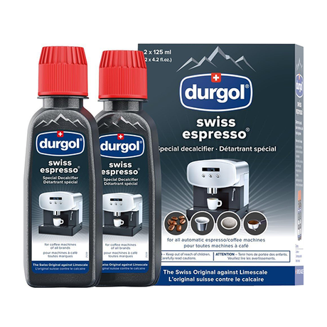 Two bottles of Durgol Swiss Espresso decalcifier with their packaging on a white background.