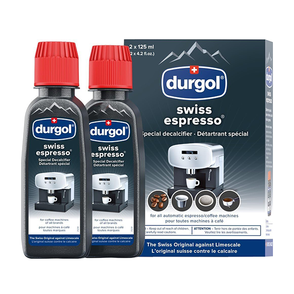 Two bottles of Durgol Swiss Espresso decalcifier with their packaging on a white background.