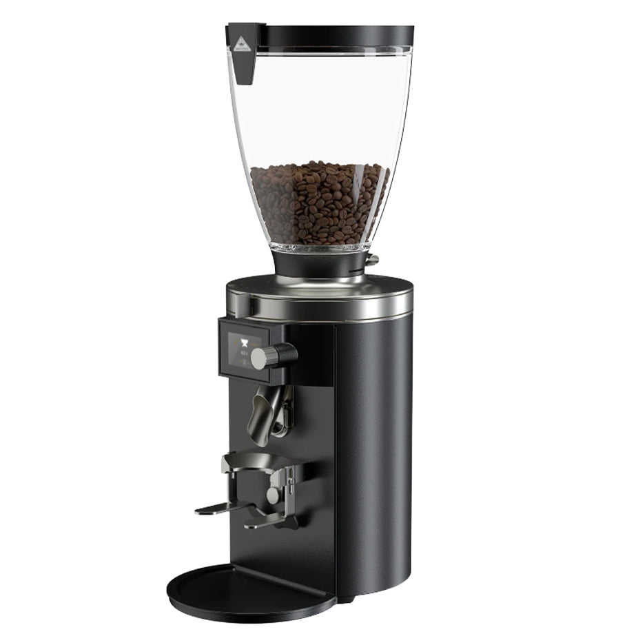 Black coffee grinder with clear container showing coffee beans on a white background