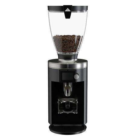 Coffee grinder with a clear container of coffee beans on a white background