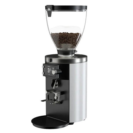 Coffee grinder with a clear container of coffee beans on a white background