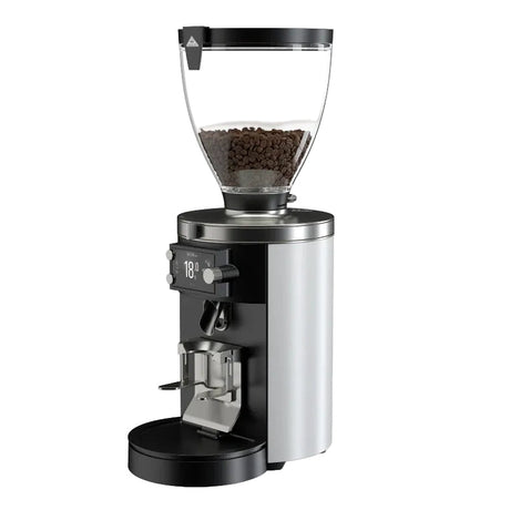 Coffee grinder with a clear container of coffee beans on a white background