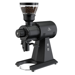 Black coffee grinder with a clear container of coffee beans on a white background