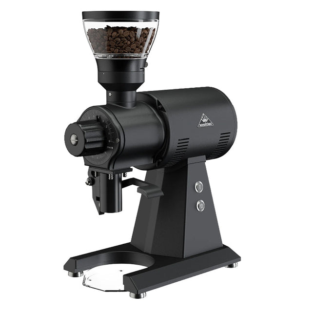 Black coffee grinder with a clear container of coffee beans on a white background