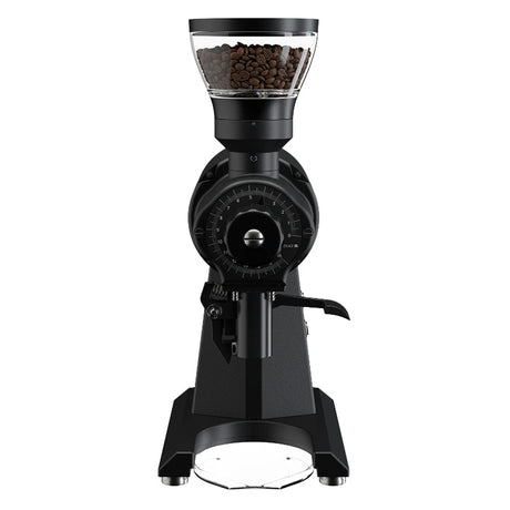 Black coffee grinder with a clear container of coffee beans on a white background