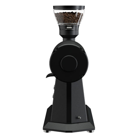 Black coffee grinder with coffee beans on a white background