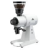 White coffee grinder with black accents on a white background