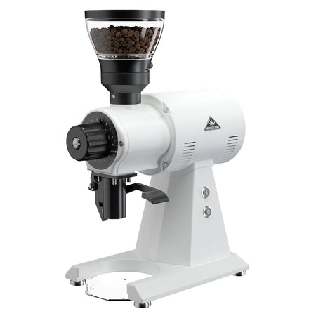 White coffee grinder with black accents on a white background