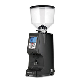 Black coffee grinder with digital display on a white background
