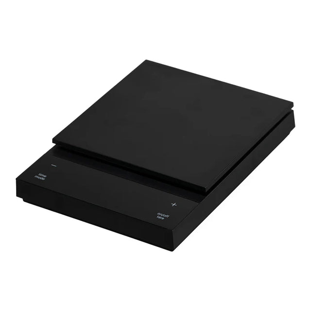 A black Hario Polaris Coffee Scale, with a flat platform on top and digital display on the front.
