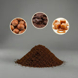Heap of ground coffee with close-ups of hazelnuts, chocolate, and caramel on a gray background