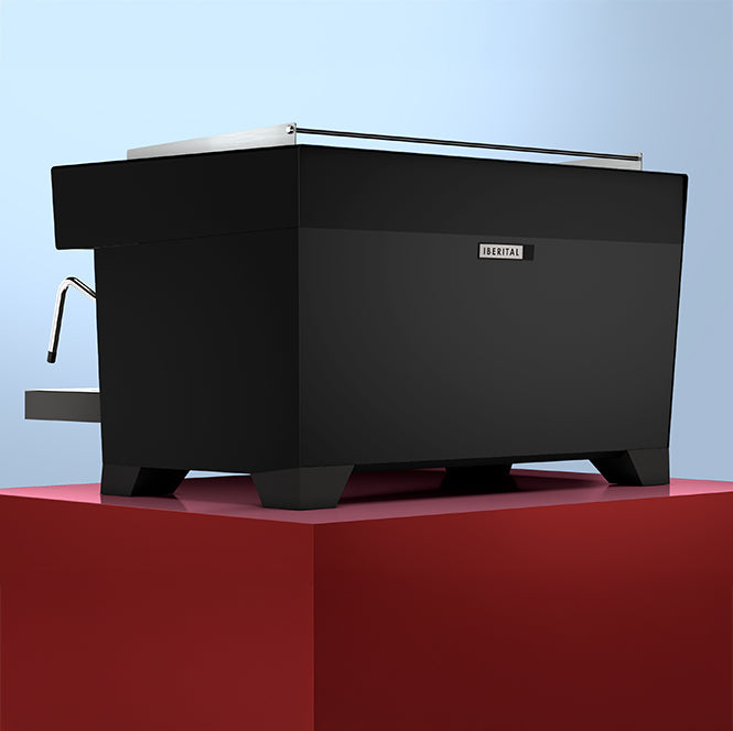 Black coffee machine on a red platform with a light blue background